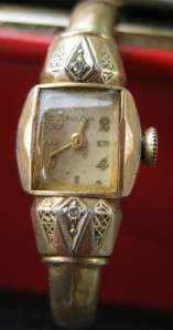   Bulova Ladies Watch Clamp Bracelet Art Deco Style 10K GF Diamond Chips