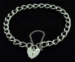   925 STERLING SILVER CURB LINK CHAIN CHARM BRACELET WITH HEART PADLOCK
