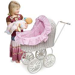 Classic Wicker Doll Carriage with Pink Gingham Liner  