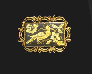 24k Vintage Damascene pin brooch Toledo Spain bird motif Spanish gold 