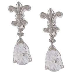 Sterling Silver Clear Cubic Zirconia Fleur de Lis Dangle Earrings 