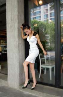 Korean Women V neck Sleeveless Bowkont Evening Party Mini Dress White 