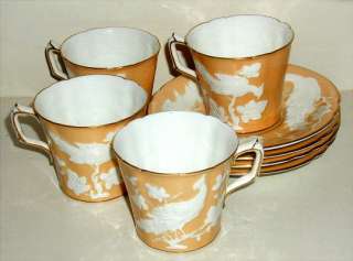 Royal Crown Derby Beige CHINESE BIRDS 4 Cups & Saucers  