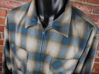   Size XL PENDLETON BLUE SHADOW PLAID ZIP UP 100% Virgin Wool Shirt Coat