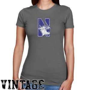 Northwestern Wildcats Ladies Charcoal Distressed Logo Vintage Slim Fit 