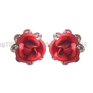 18K GP Red Rose Flower 0.6CT Clear Crystal Stud Earrings 83709 Free 