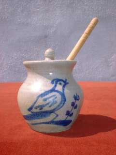 Stoneware Honey Pot with Lid Blue Decorated Bird  