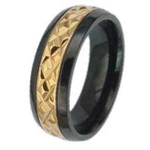 7MM Black Plated Titanium Ring with Gold Plated Center and Diamond Cut 