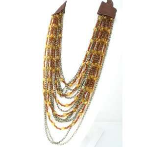   Beautiful Elegant Chain Necklace with Bead Combine Febric (Brown