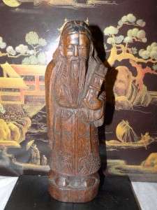 Ancient Chinese Sage with Holy Scrolls Wood Carving  