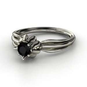 Flower Bud Ring, Round Black Onyx Sterling Silver Ring