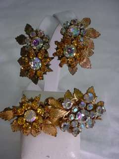 Vintage Miriam Haskell Rhinestone Flower Earrings+Pin  