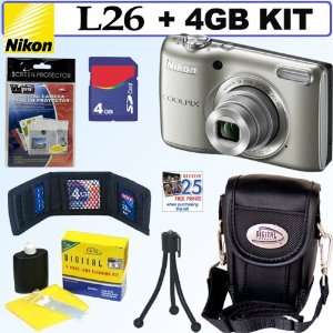  Nikon COOLPIX L26 16.1 MP Digital Camera (Silver) + 4GB 