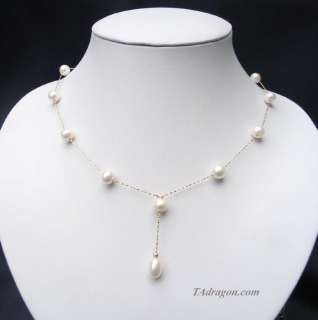 18 AAA 7 8mm White Pearl 14K Yellow Gold Dangle Necklace  