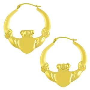  14 Karat Yellow Gold Claddagh Hoop Earrings: Jewelry