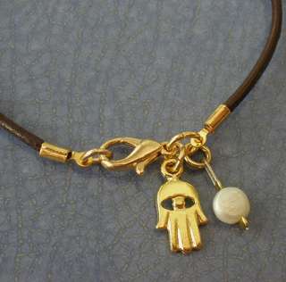 Brown leather Bracelet Gold Hamsa EvilEye pearl  