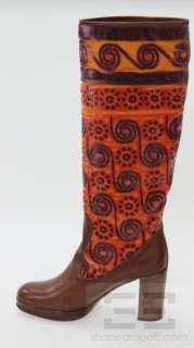Anna Sui Orange and Purple Tapestry Brown Leather Tall Heel Boots Size 