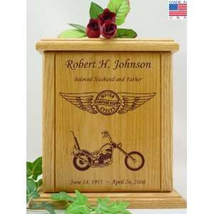   Motorcycle Heart And Wings Engraved Wood Cremation Urn