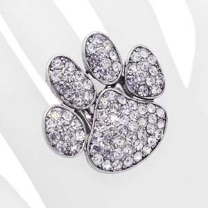  Puppy Paw Crystal Pave Stretch Ring Silver Clear Jewelry