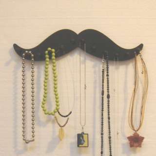 MUSTACHE black wooden NECKLACE wall rack holder 12 pegs  
