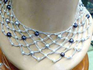 chocker bib style sterling w gray & white pearls necklace  