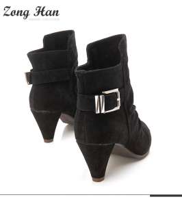 Elegant Womens Faux Suede Mid Heel Ankle Boots in Black Brown & Grey 