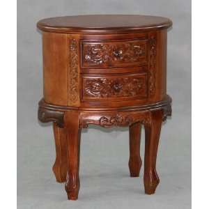 Drum Accent Table w Hand Carving & Two Drawers In Stain Finish  