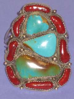  American Navajo Silver Turquoise Blood Coral Cuff Bracelet 130g  