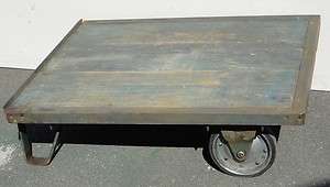   Wood Steel Train Station Chic Pull Cart Coffee Table 2 Wheels  