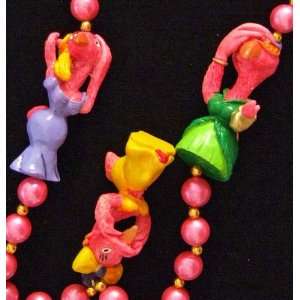  Hear No See No Evil Pink Flamingo Mardi Gras Bead Necklace 