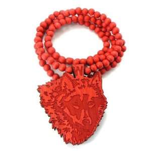    Good wood Wolf Head Wood Pendant w/ Ball Chain RED Jewelry