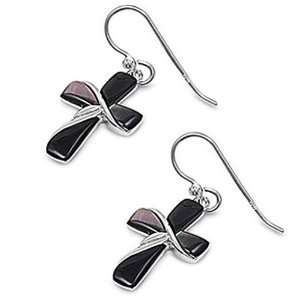   Sterling Silver Earrings Black Onyx Cross Fish Wire Earring Jewelry