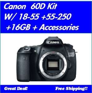 Canon 60D Camera Kit Bundle w/ 18 55 + 55 250 +16GB + MORE  
