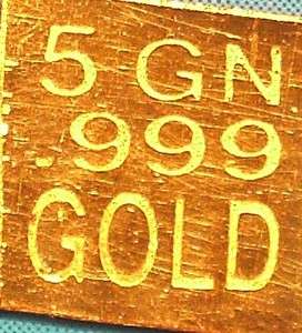 999 PURE GOLD BAR 5 GRAIN SOLID GOLD BULLION BAR 24KT.  