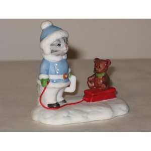   Figurine   Winter Kitty Pulling Sled with Teddy Bear 1992 By Schmid