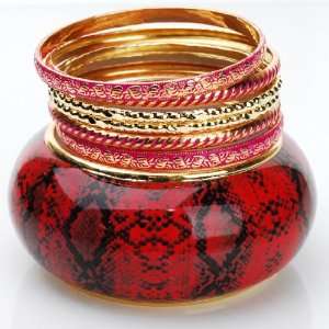   Inspired Bangle Bracelet Set in Gold Red Tones and Animal Snake Print