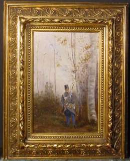 SIGNED OIL PAINTING w. OFFICIER SOLDIER in FOREST 1900  