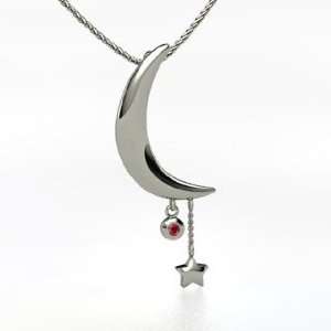    Moon and Star Pendant, 14K White Gold Necklace with Ruby: Jewelry