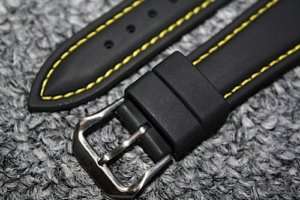 18mm Black Yellow Stitch Silicone Rubber Watch Band  