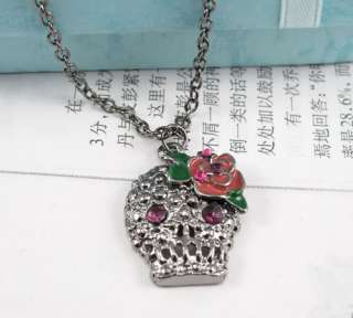 Cool Rose Red Rhinestone Eyes Skull Valentines Necklace N430  