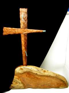 Turquoise Inlay Carved Mesquite Cross Wood Large  