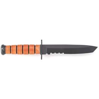 KA BAR Leather Handled Tanto Point Serrated Bowie Fixed Blade Knife 