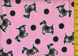 yd FLANNEL Black Pink Scottie DOG Plaid with Black Dots on Pink BTY 