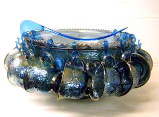 Indiana Blue Carnival Glass Princess Punch Bowl Set 12 Cup Hangers 