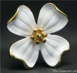   MONET White Enamel DOGWOOD Flower Blossom Brooch Pin Goldtone  