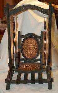 Vintage Wooden Wood Metal Cane Seat Doll Swing Chair Tole Painted Folk 