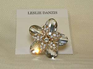 Leslie Danzis crystal flower Stretch Ring gold tone !!!!  