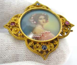Art Nouveau 0.32ct Pink & Blue Sapphire Painted 14K Yellow Gold Brooch 