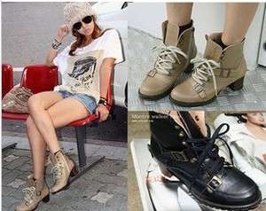 Womens Oxford Buckle Motorcycle Lace Up Ankle Boots  