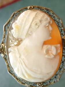 ANTIQUE ESTATE STERLING FILIGREE CONCH SHELL CARVED CAMEO PIN BROOCH 